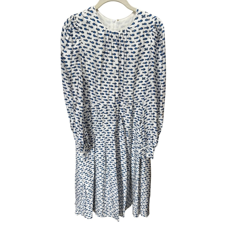 Max Mara Silk Fish Print Dress‎ Womens 8 White Blue Puff Sleeve Midi Italy Chic